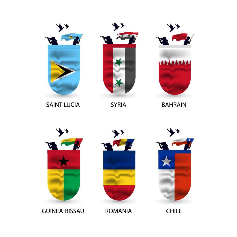 Flags collection of Saint Lucia, Syria, Bahrain, Guinea-Bissau, Romania, Chile vector