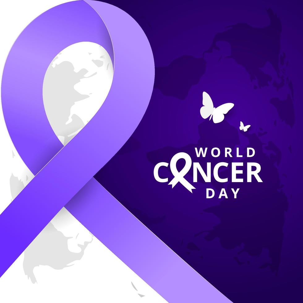 cinta púrpura del día mundial contra el cáncer con diseño de cartel de concepto de mariposa vector
