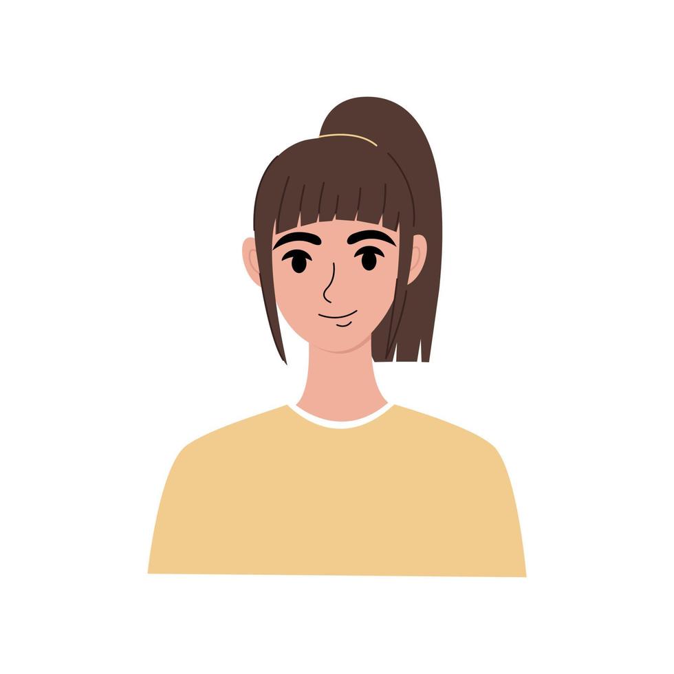 Modern young woman portrait flat. Pretty girl with brown hair in an yellow T-shirt. Face, head character portrait. Hand drawn vector illustration isolated on white background.