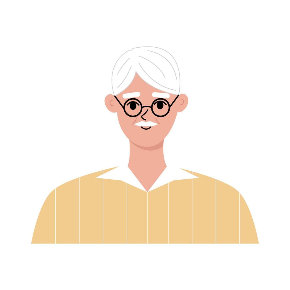 plano de retrato de anciano moderno. buen personaje de cabello gris de edad avanzada con gafas y camisa amarilla. cara, retrato de cabeza. ilustración vectorial dibujada a mano aislada sobre fondo blanco. vector