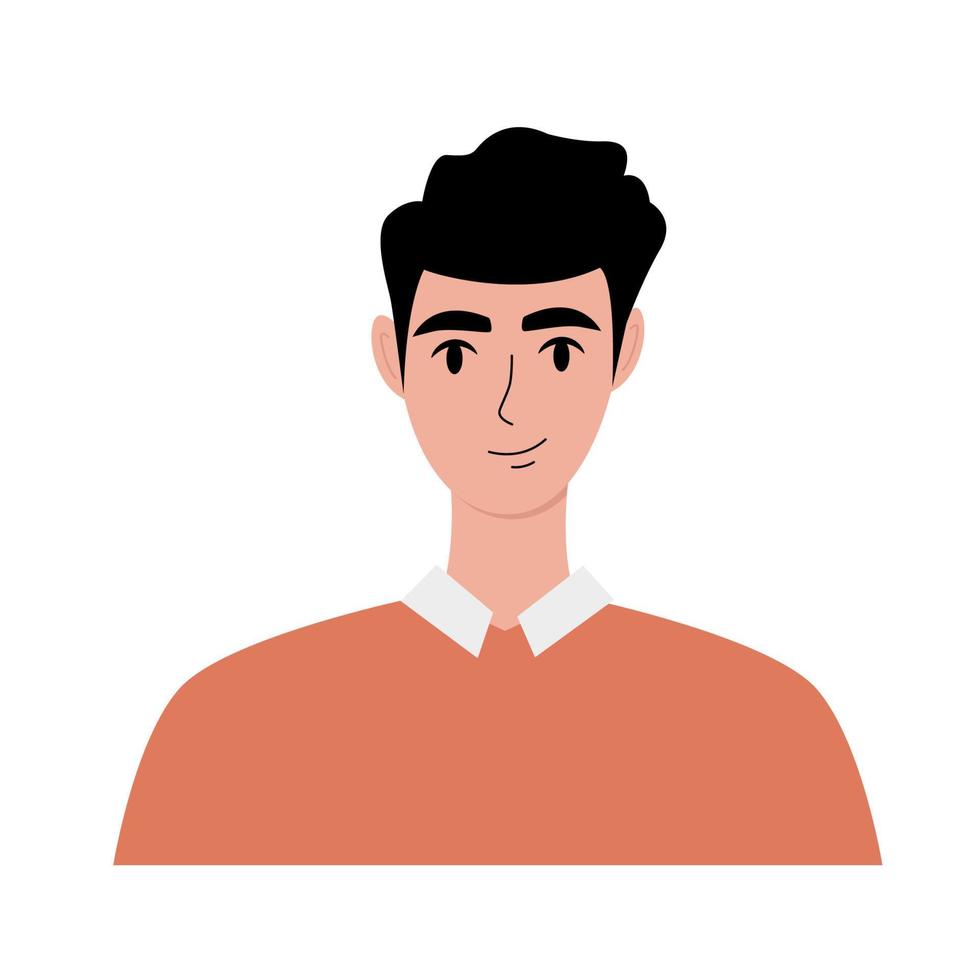 Modern young man portrait flat. Attractive guy with black hair in an orange sweatshirt. Face, head character portrait. Hand drawn vector illustration isolated on white background.