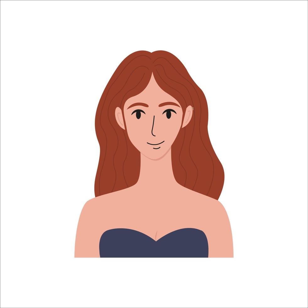 Modern young woman portrait flat. Pretty girl with red hair in an blue top. Face, head character portrait. Hand drawn vector illustration isolated on white background.