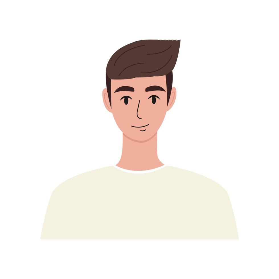 plano de retrato de hombre joven moderno. chico atractivo con cabello castaño en una sudadera beige. cara, retrato de personaje de cabeza. ilustración vectorial dibujada a mano aislada sobre fondo blanco. vector