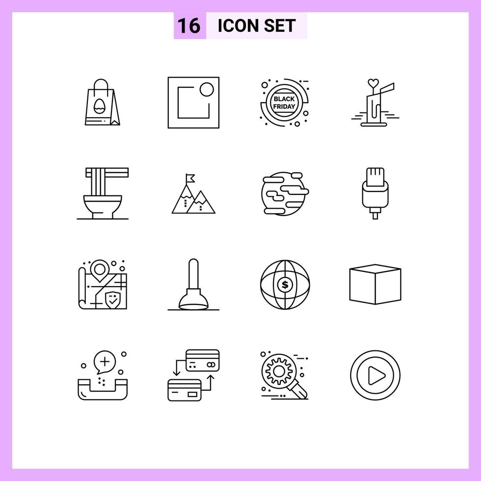 paquete de 16 signos y símbolos de contornos modernos para medios de impresión web como fideos chinos viernes corazón amor elementos de diseño de vectores editables