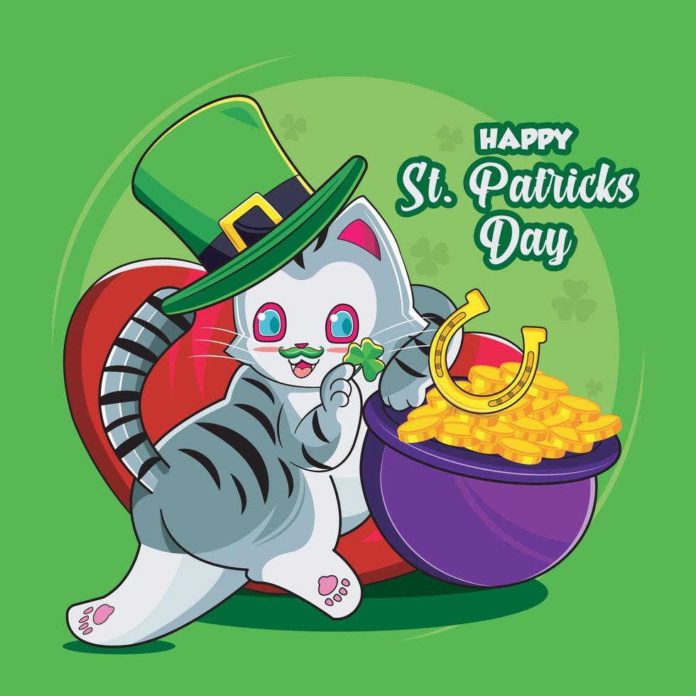 feliz dia DE SAN Patricio. lindo gato con hojas de trébol ilustración vectorial descarga profesional vector