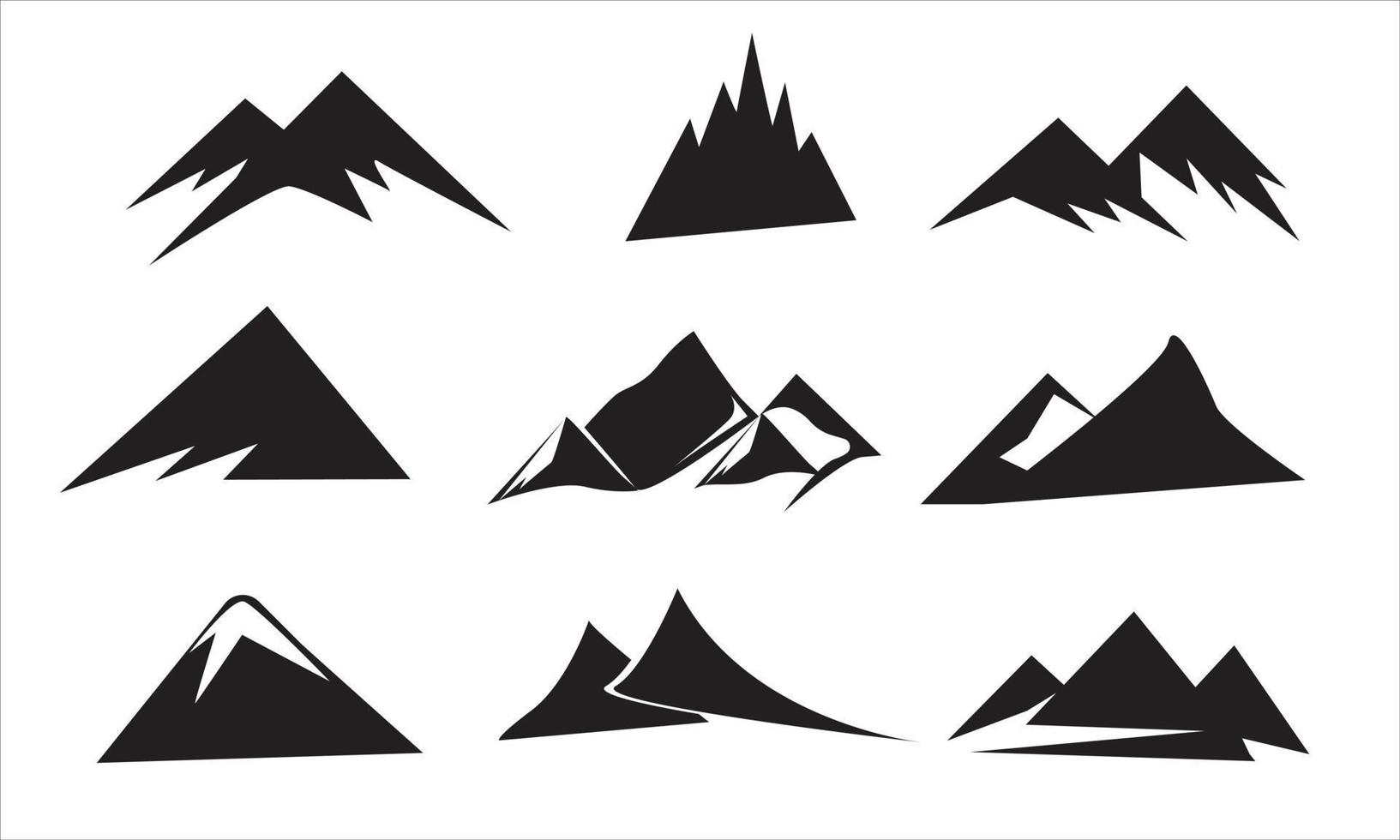 NINE MOUNTAIN VECTORS. COLORED BLACK CAN BE USED AS BACKGROUND, LOGO, EMBLEM OF NATURE AND MORE vector