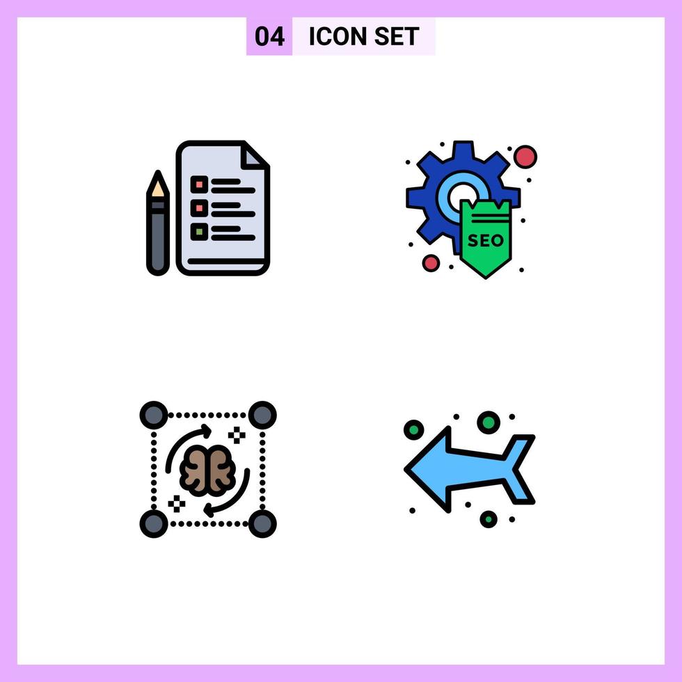 4 Universal Filledline Flat Color Signs Symbols of file process pencil seo brain Editable Vector Design Elements