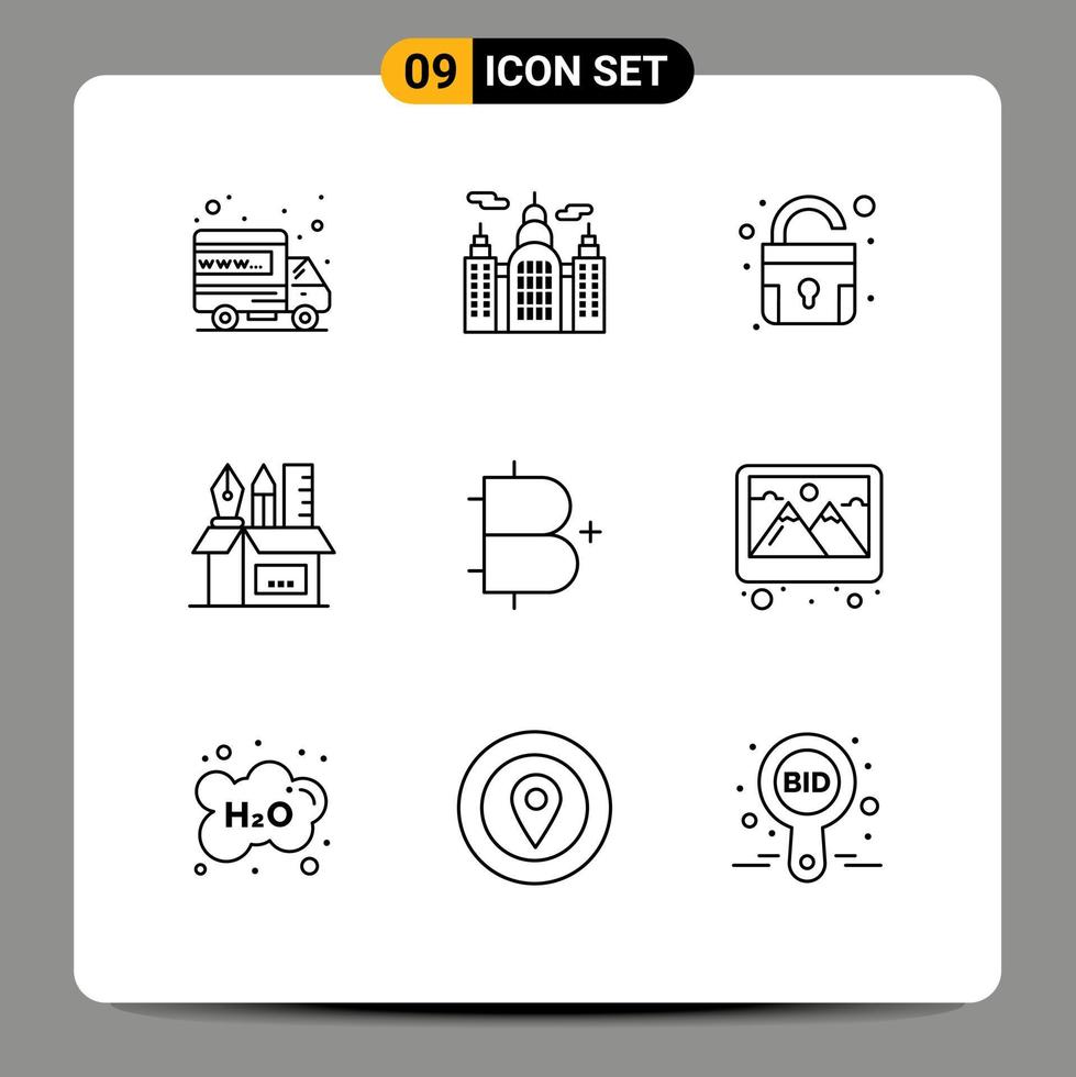Pack of 9 creative Outlines of coin add padlock stationary pencil Editable Vector Design Elements