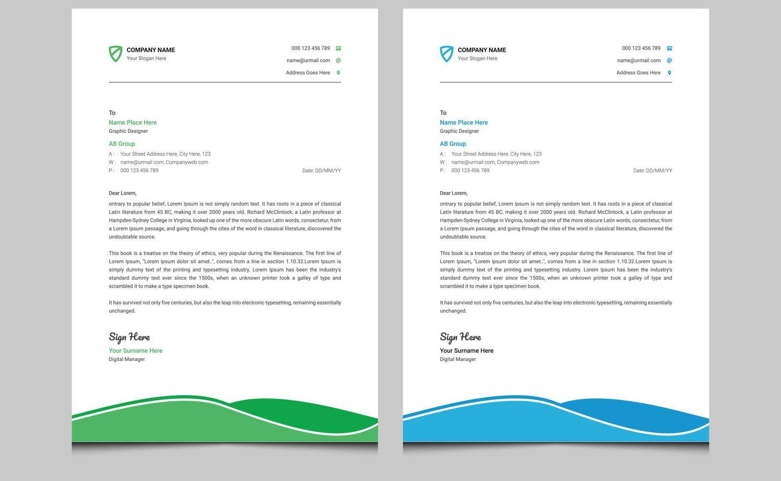 Abstract creative elegant modern company unique professional corporate identity office business style letterhead design template blue green color combinations. vector