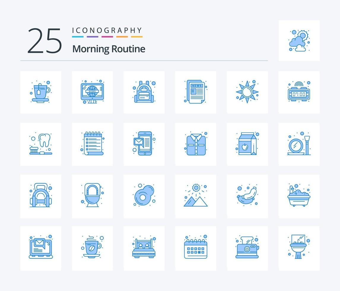 Morning Routine 25 Blue Color icon pack including alarm. rise. bag. morning. paper vector