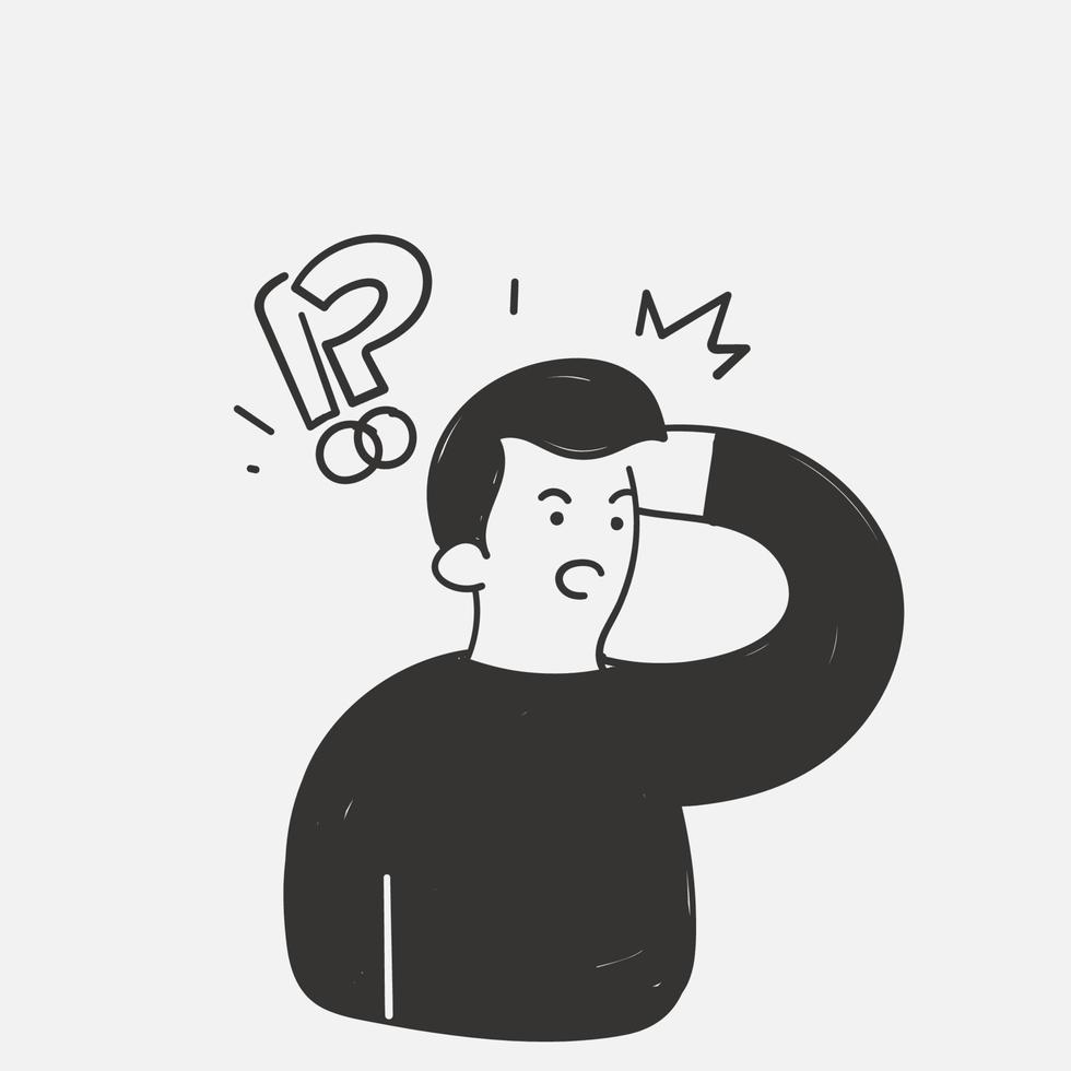 hand drawn doodle person confused with question mark and exclamation symbol vector