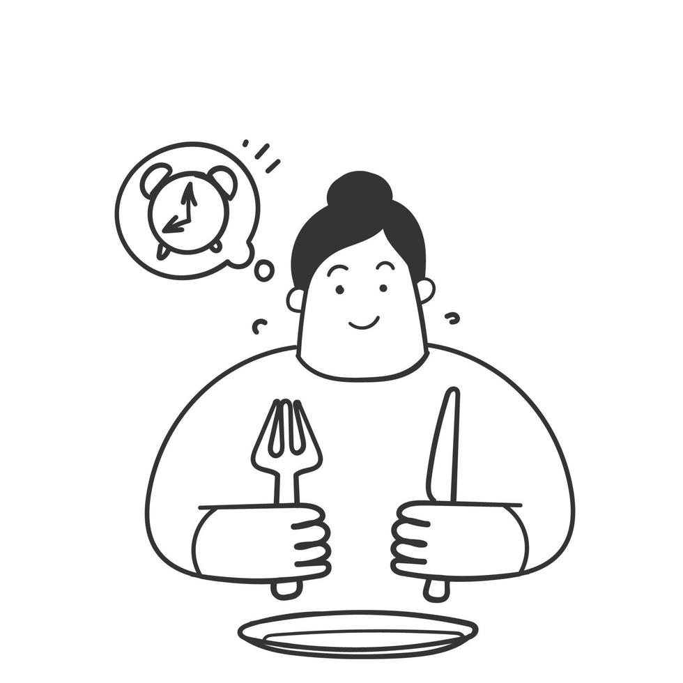 hand drawn doodle people holding cutlery and thinking clock time illustration vector