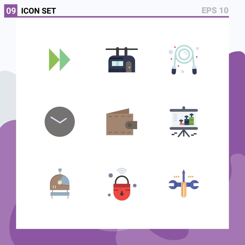 Mobile Interface Flat Color Set of 9 Pictograms of money clock exercise time basic Editable Vector Design Elements