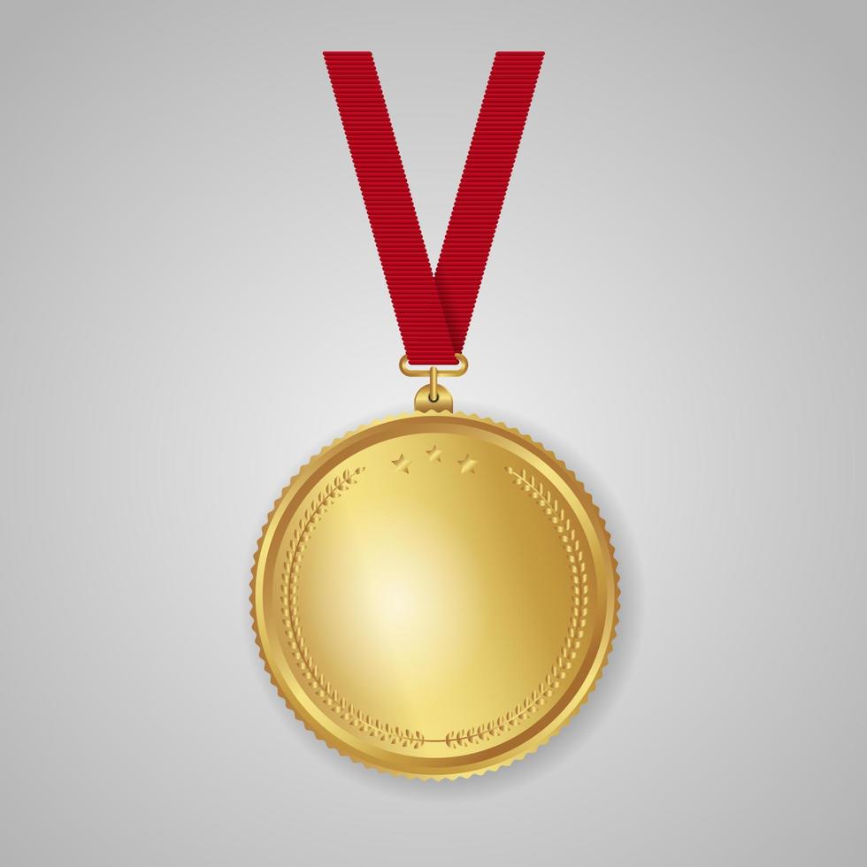 Gold medal with a red ribbon. laurel wreath. award for the victory.winner. - Vector. vector