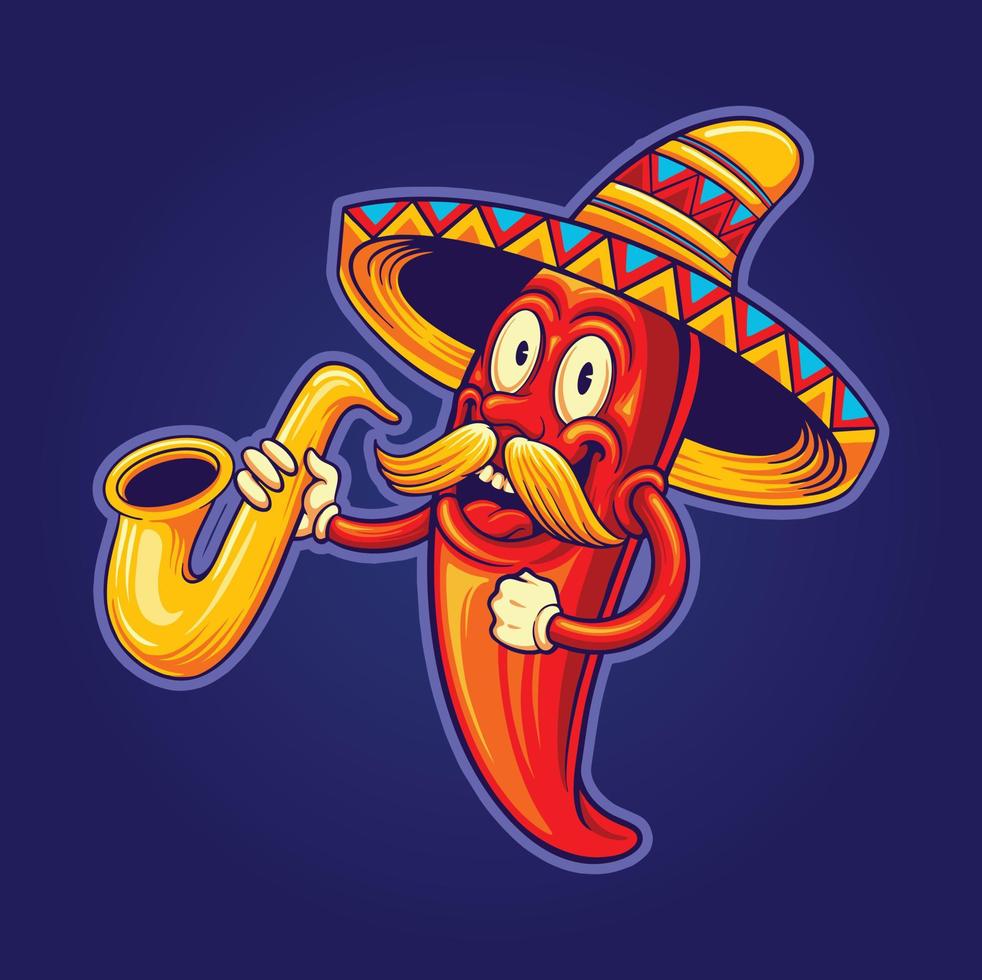 Mexican cinco de mayo chilli pepper mustache playing trumpet logo illustration vector