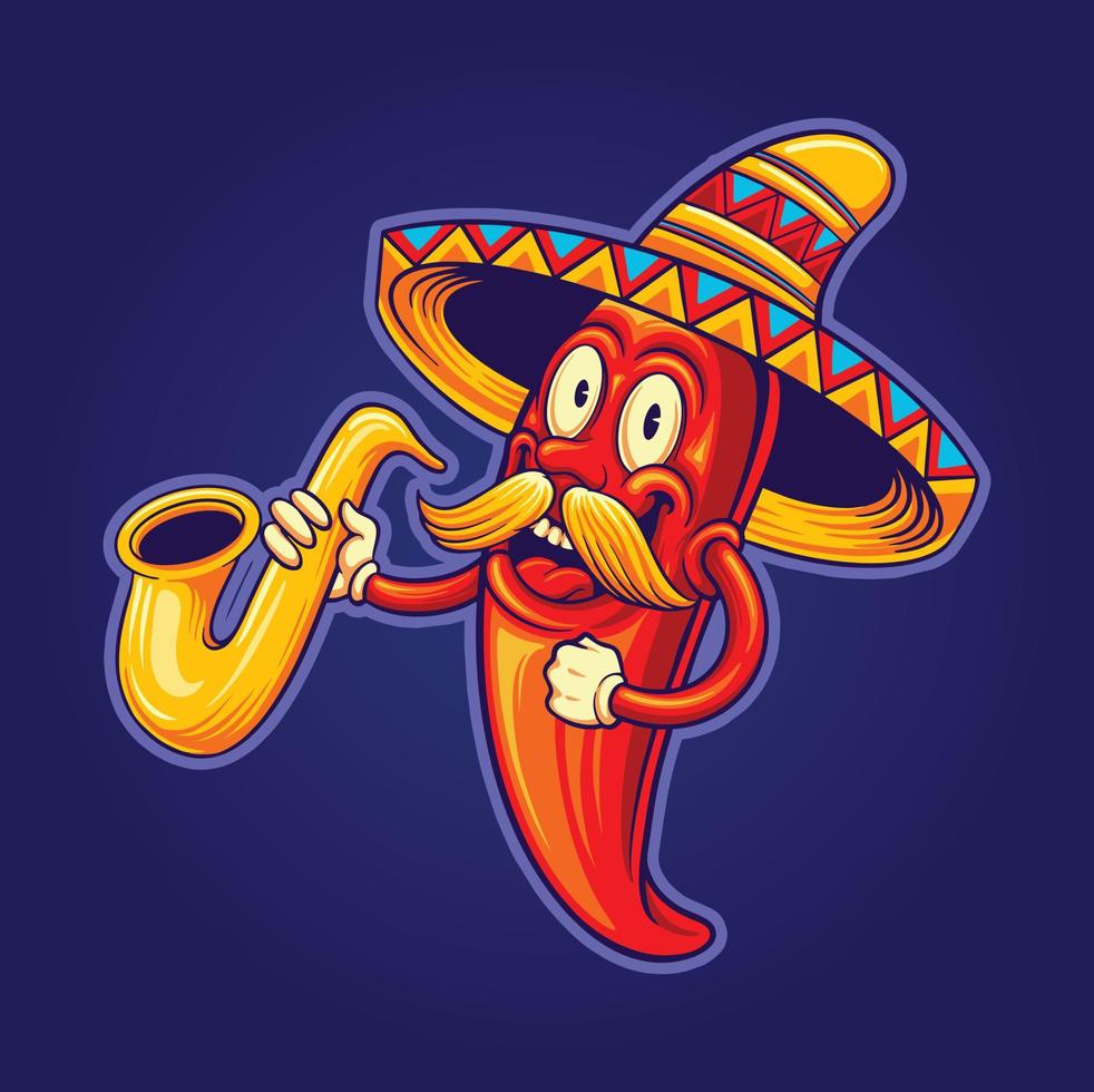 bigote de chile mexicano cinco de mayo tocando la ilustración del logotipo de la trompeta vector