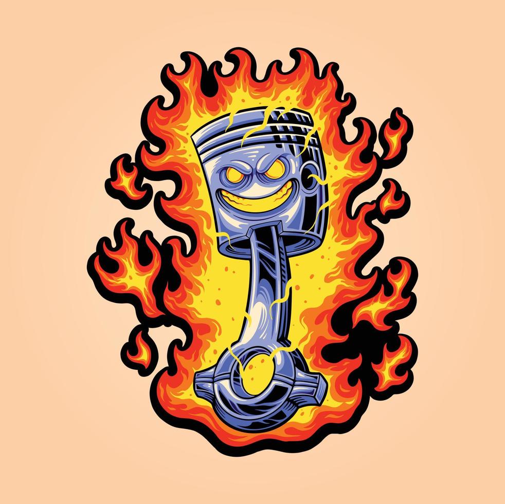 carrera de pistones enojados con vectores de ilustración de dibujos animados de fuego en llamas para su logotipo de trabajo, camiseta de mercadería de mascota, diseños de pegatinas y etiquetas, afiche, tarjetas de felicitación que anuncian la empresa comercial.
