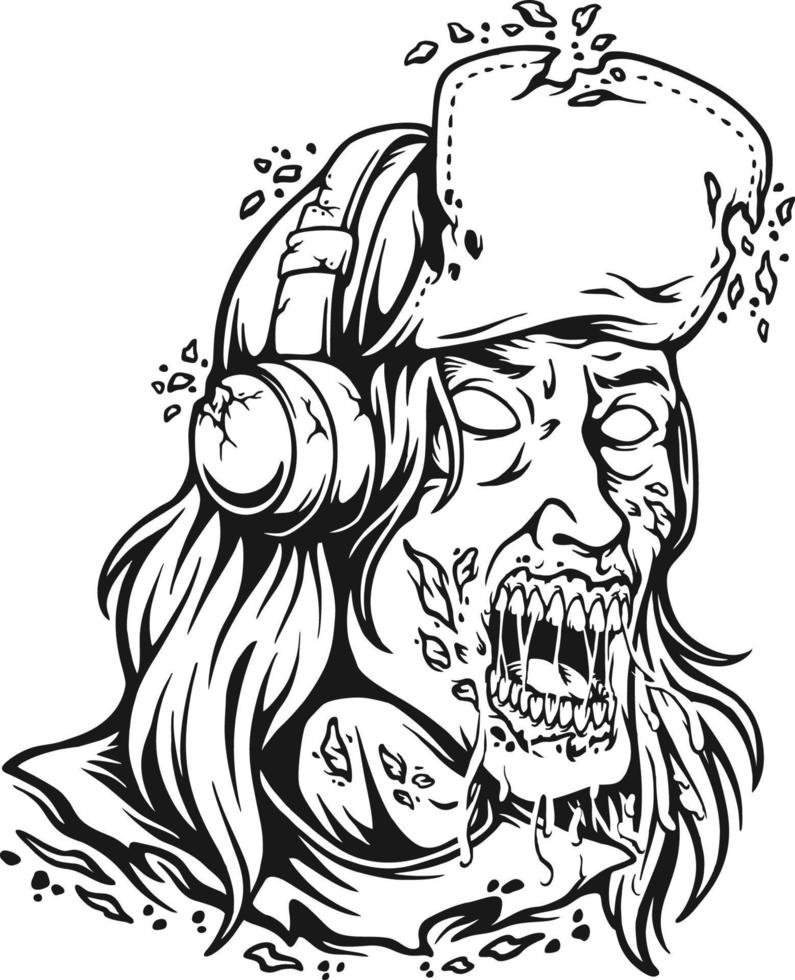 Scary funky zombie head con escuchar música monocromo vector