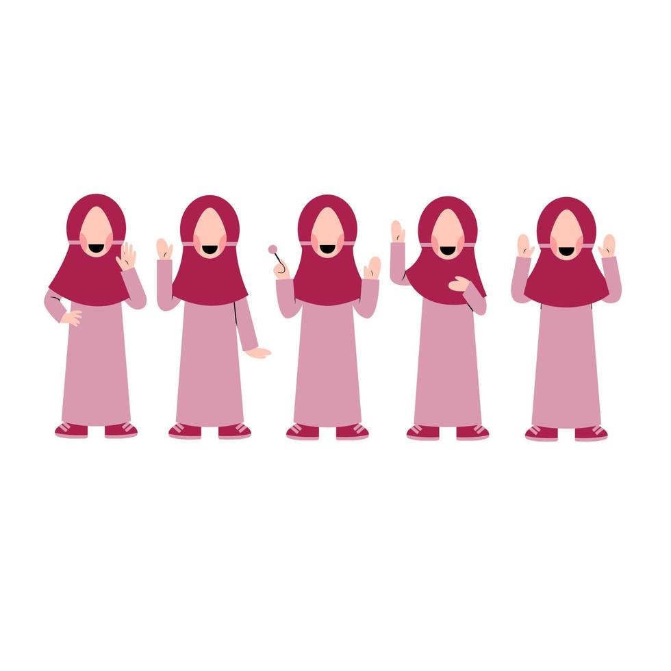 Set Of  Hijab Kid Character Waving Hand vector
