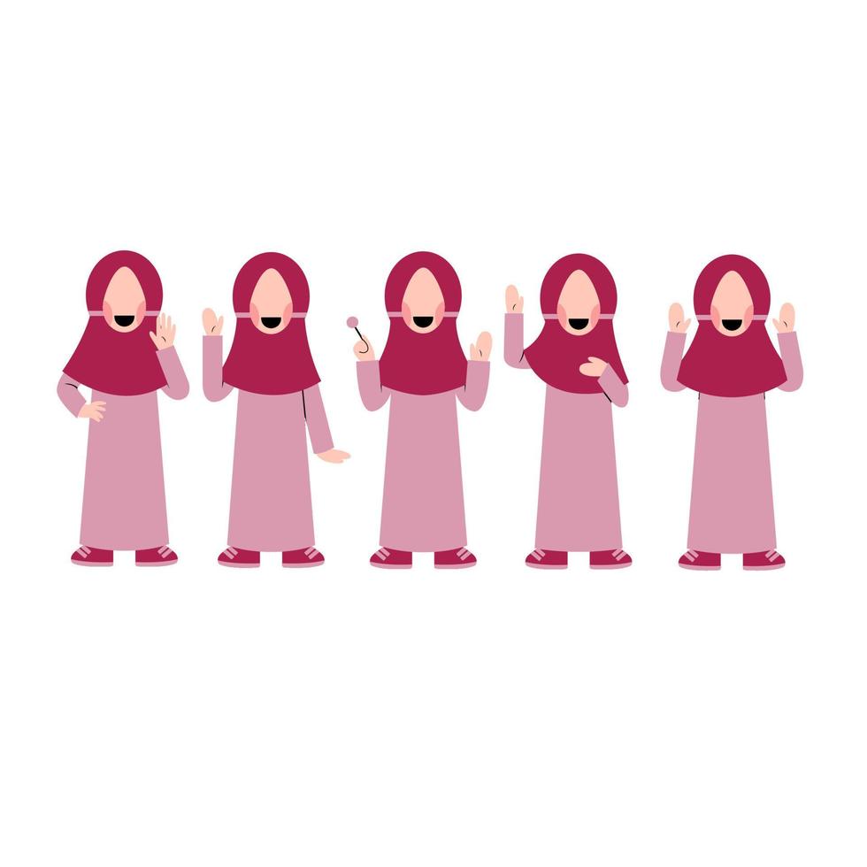 conjunto de personaje de niño hijab agitando la mano vector