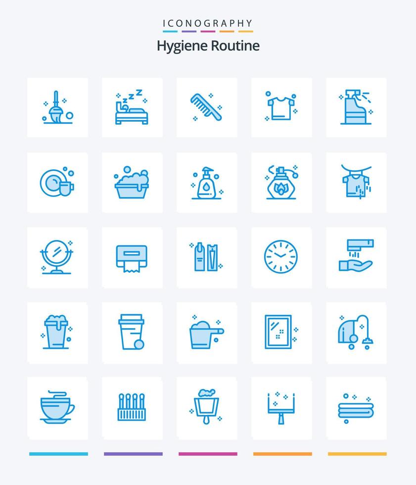 Creative Hygiene Routine 25 Blue icon pack  Such As product. cleaning. comb. spray. drying vector