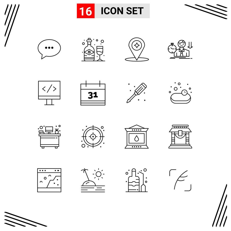 Universal Icon Symbols Group of 16 Modern Outlines of computer depression map sad failure Editable Vector Design Elements