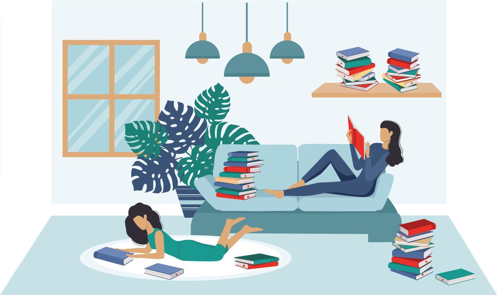 Ladies reading book. Flat cartoon vector illustration.