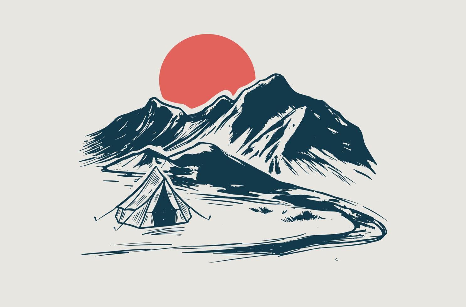 camping, paisaje montañoso, estilo boceto, ilustraciones vectoriales. vector