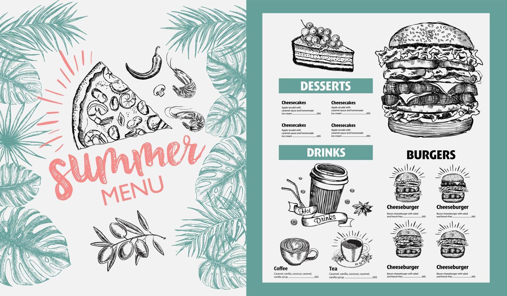 Summer menu. Restaurant food menu design, hand drawn illustrations. Vector food flyer.