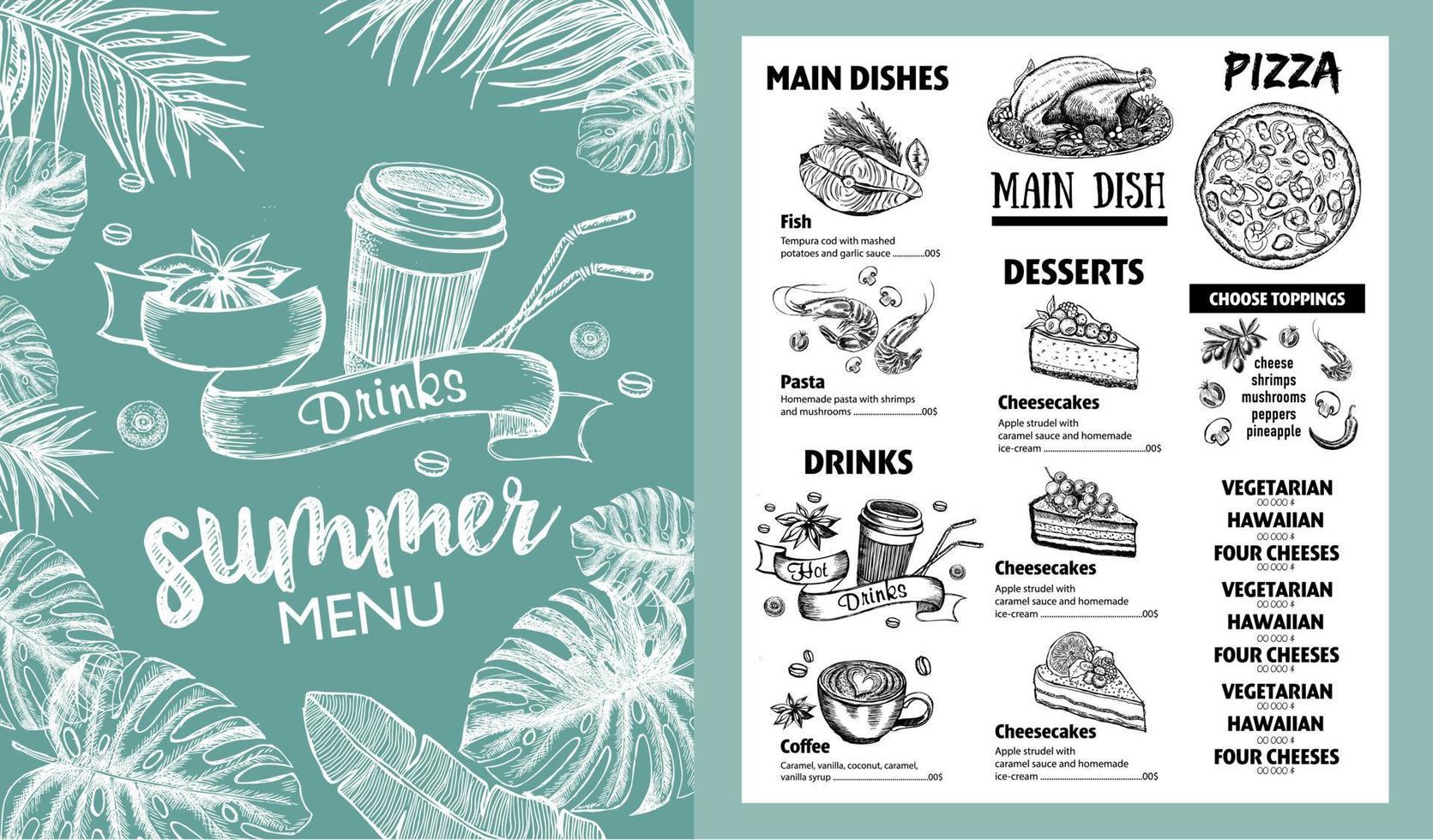 menú de verano. diseño de menú de comida de restaurante, ilustraciones dibujadas a mano. volante de comida vectorial. vector