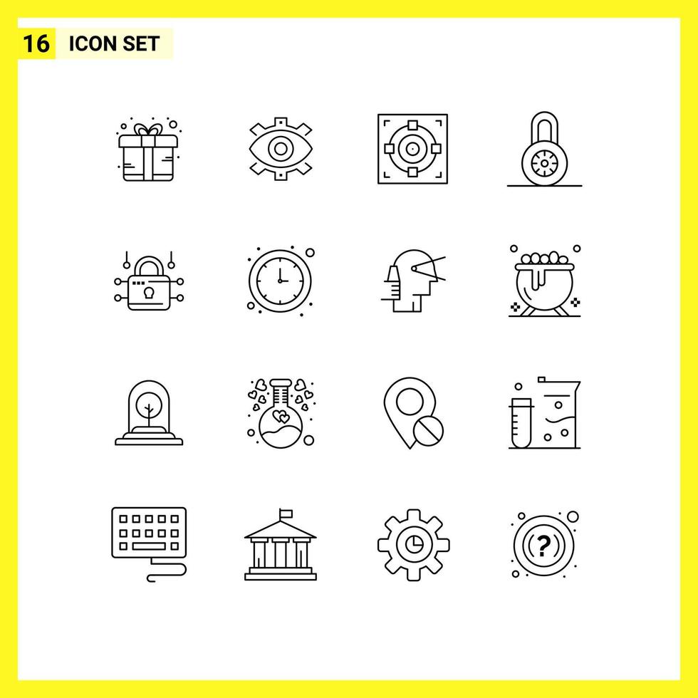 grupo de símbolos de icono universal de 16 contornos modernos de bloqueo de protección logro de objetivos creativos elementos de diseño de vectores editables