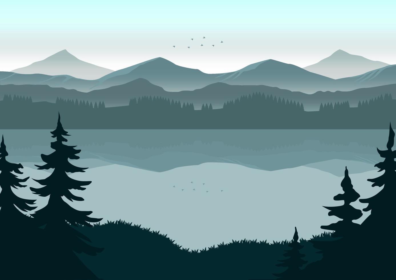 lago natural y montañas con ilustración de vector de silueta azul