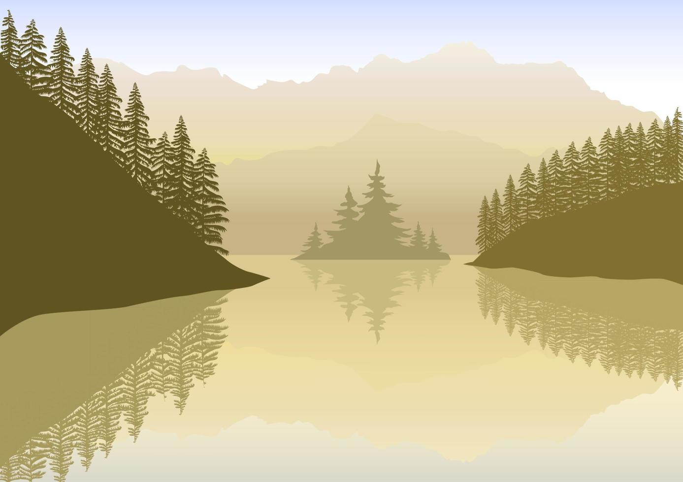 Beautiful landscape reflected in the lake with mountains vector. Brown silhouette illustration. vector