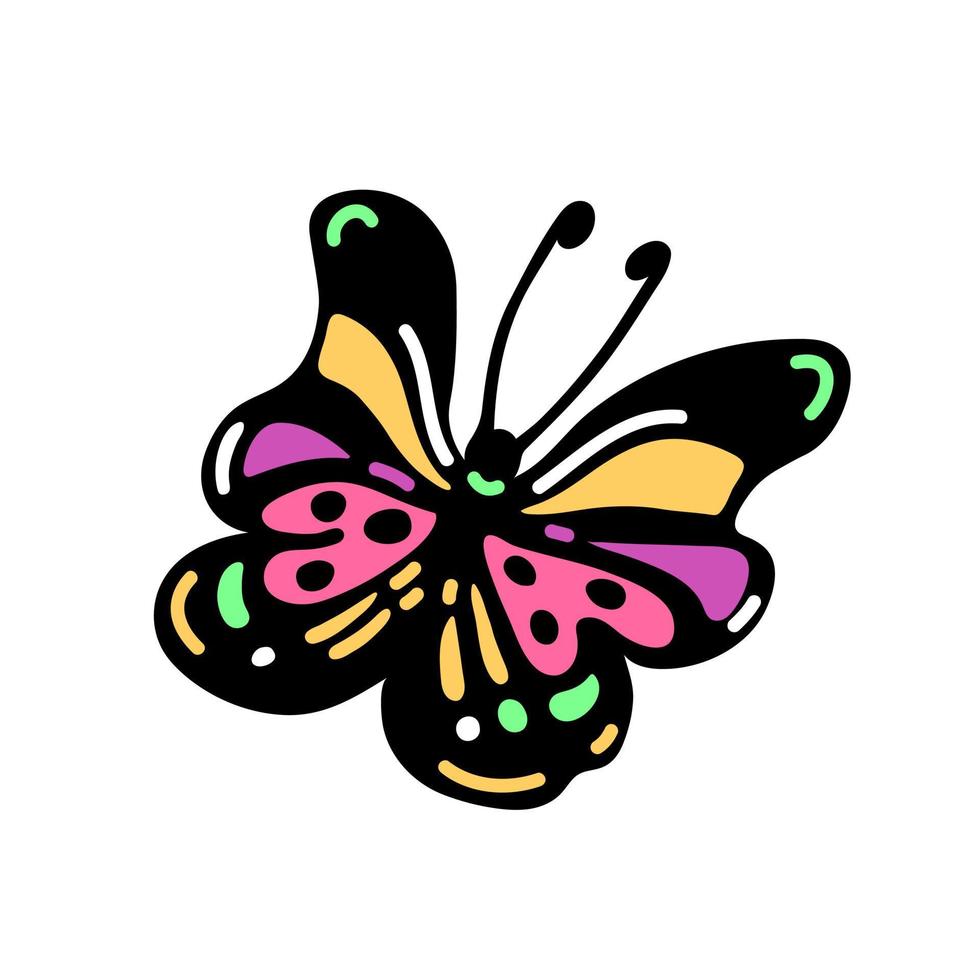 icono de vector de mariposa voladora brillante. garabato dibujado a mano aislado en blanco. hermoso insecto de verano con antenas, alas estampadas. boceto de cola de golondrina, polilla de dibujos animados. imágenes prediseñadas para tarjetas, carteles, web