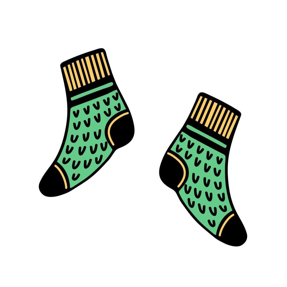 Pair of knitted green socks. Simple vector icon. Hand drawn doodle isolated on white. Soft warm clothes for feet. Homemade woolen stockings for winter. Flat cartoon clipart for cards, posters, prints