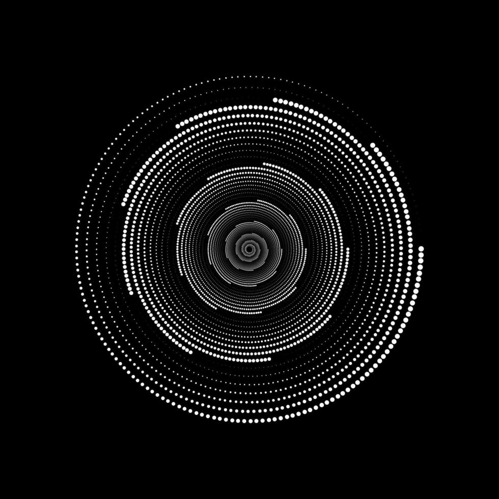 patrón de remolino circular con puntos blancos en una ilustración de vector de fondo negro. giro de círculo de puntos de vórtice en espiral. imágenes prediseñadas de partículas grunge onduladas redondas.