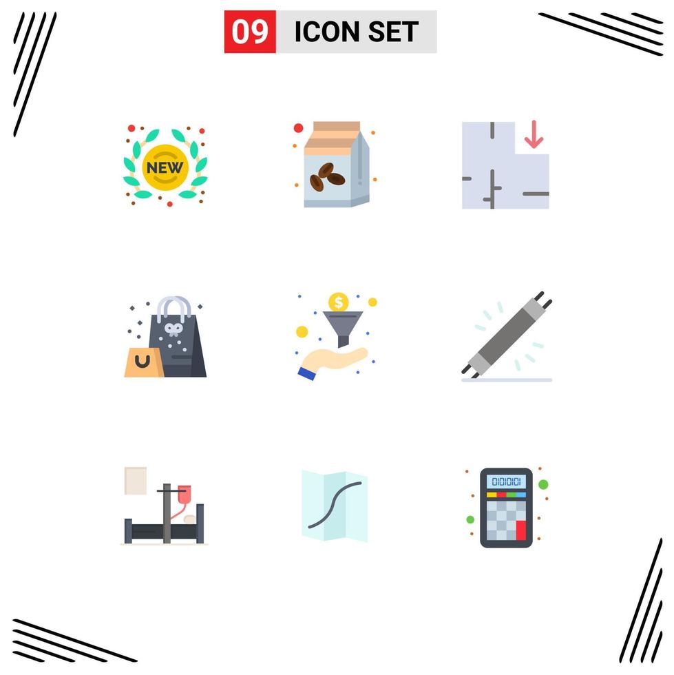 Set of 9 Modern UI Icons Symbols Signs for funnel surprise bean present bag Editable Vector Design Elements