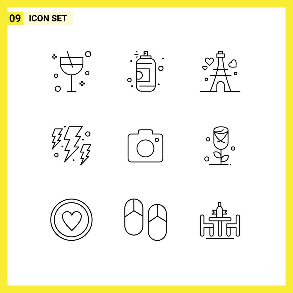 Modern Set of 9 Outlines Pictograph of image weather tower power bolt Editable Vector Design Elements