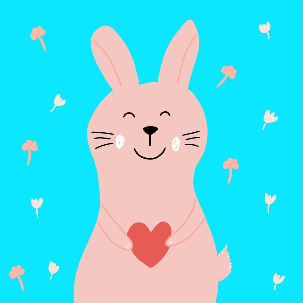 Cute pink hand drawn abstract rabbit with heart, kids illustration for poster,Valentine day greeting card, holiday postcard,childish print for t-shirt, fabric design,kind bunny character vector