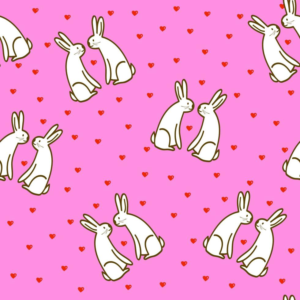 Seamless pattern with cute hand drawn rabbit couples and hearts in doodle style,child illustration with bunny,holiday decoration,print for wrapping paper,Valentines day,romantic bookend,pets in love vector