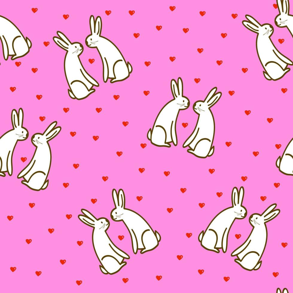 Seamless pattern with cute hand drawn rabbit couples and hearts in doodle style,child illustration with bunny,holiday decoration,print for wrapping paper,Valentines day,romantic bookend,pets in love vector