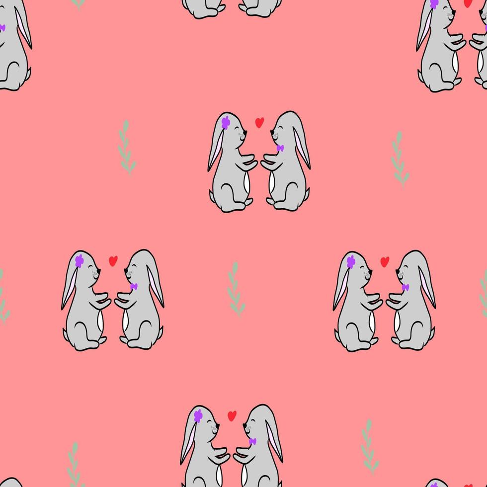 Seamless pattern with cute hand drawn rabbit couples and hearts in doodle style,child illustration with bunny,holiday decoration,print for wrapping paper,Valentines day,romantic bookend,pets in love vector