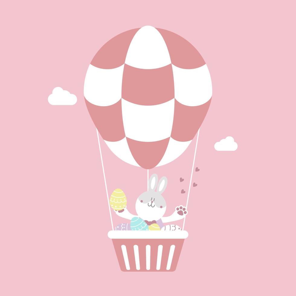 happy easter festival with animal pet bunny rabbit and egg on hot air balloon, pastel color, flat vector illustration cartoon character