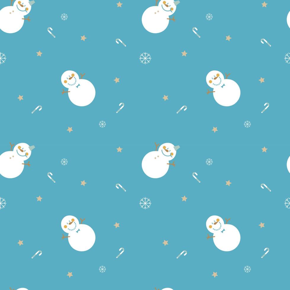 muñeco de nieve de dibujo a mano alzada, bastón de caramelo, estrella, patrón de repetición de copos de nieve en fondo azul, elemento meteorológico de temporada de invierno de vacaciones, feliz navidad y feliz año nuevo, diseño de ilustración de vector plano