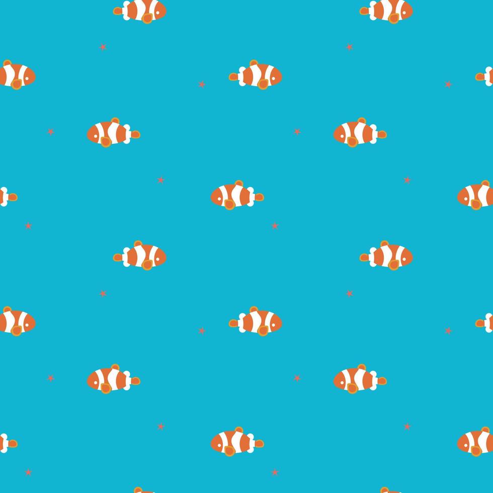 seamless marine ocean, summer time holiday vacation season with clown fish, star fish, aquatic animal wildlife underwater deep sea, repeat pattern in blue background, flat vector illustration design
