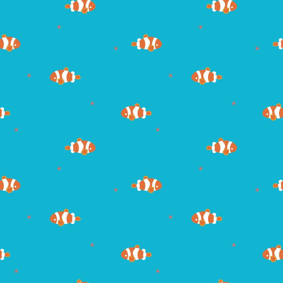 seamless marine ocean, summer time holiday vacation season with clown fish, star fish, aquatic animal wildlife underwater deep sea, repeat pattern in blue background, flat vector illustration design