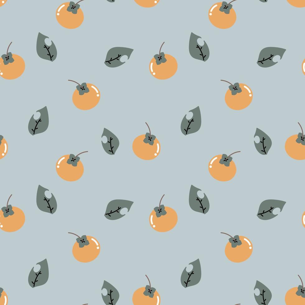 seamless cute, sweet, pastel, persimmon with leaf repeat pattern in blue background, flat vector illustration design
