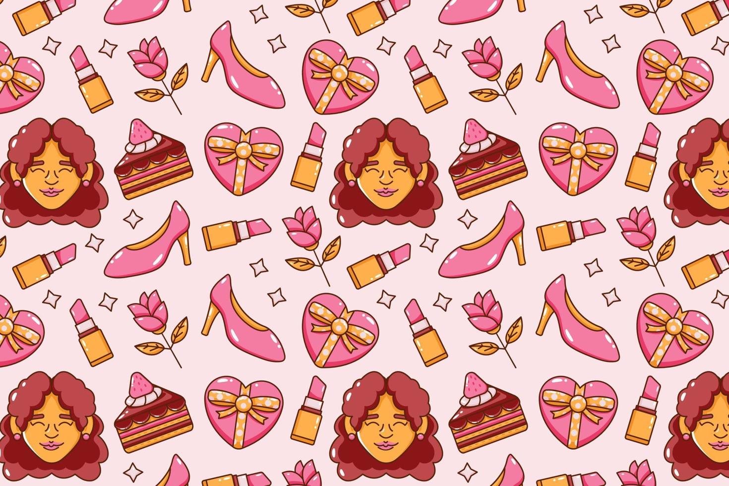 Women's day. Faces, cakes, drinks, lipsticks, high heels, gifts and flowers seamless pattern icons vector