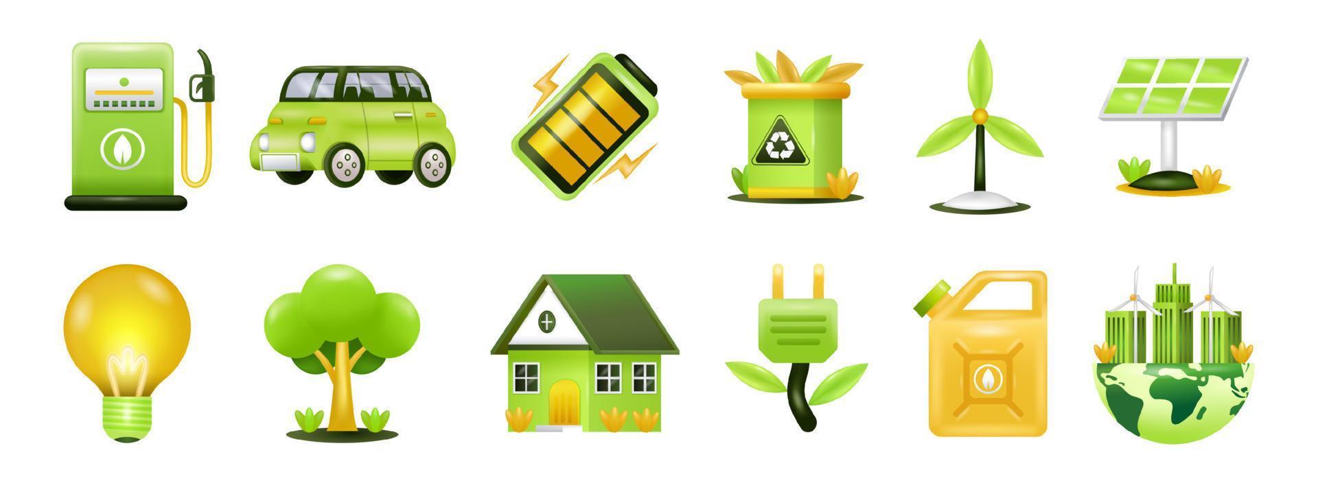 Green energy. Gas station, electric car, battery, recycling, solar panel and wind turbine 3d icon vector