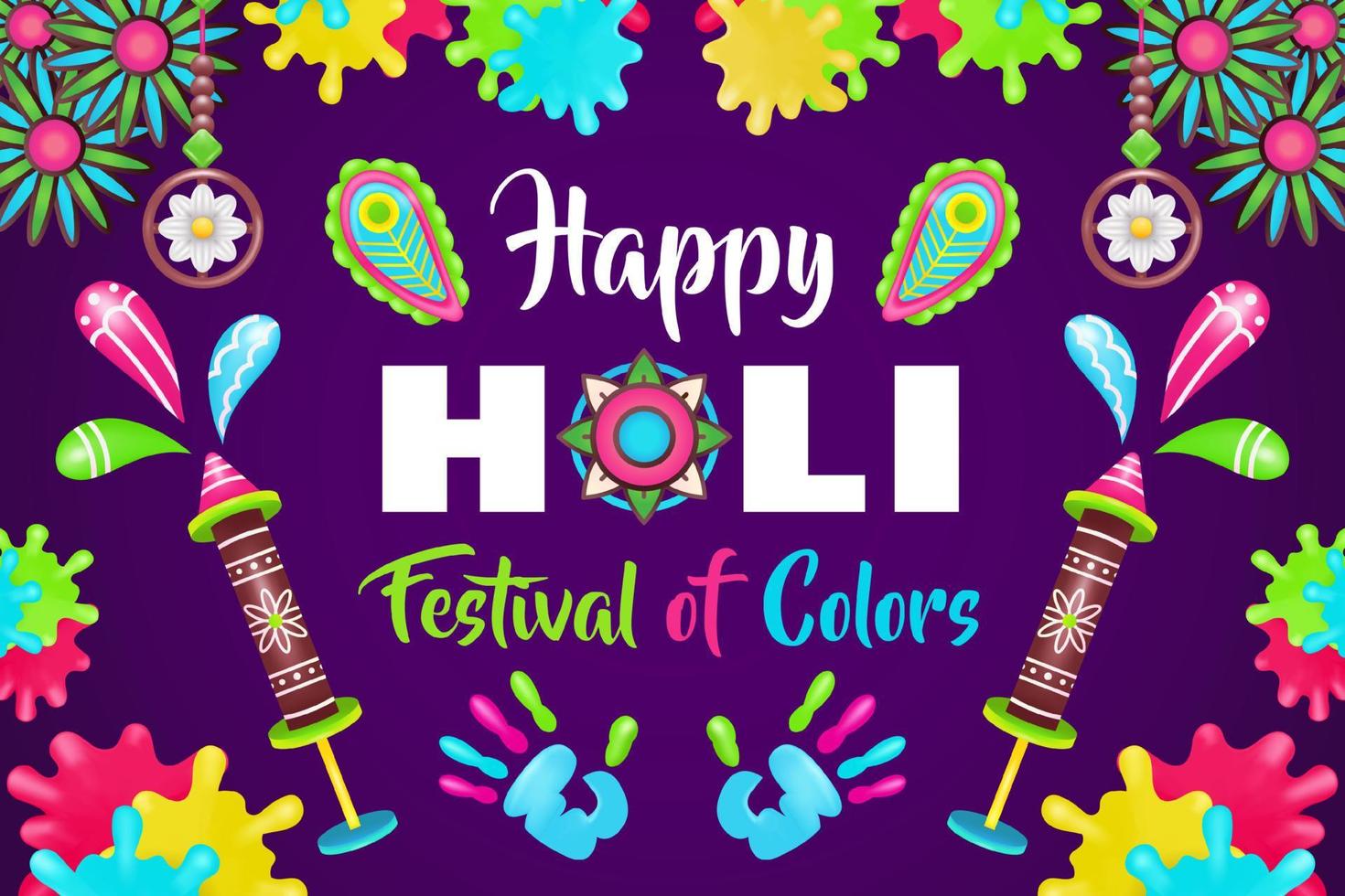 Happy Holi Festival of Colors, hand and paint colorful 3d illustration vector